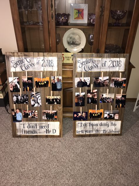 Ag teacher memory boards. Perfect for the senior class gift! Ffa Teacher Gifts, Ffa Display Ideas, Ag Teacher Appreciation Gifts, Senior Class Decoration Ideas, Ag Teacher Gifts, Ffa Senior Table Ideas, High School Ag Classroom, Ffa Officer Retreat Ideas, Ffa Senior Pallets