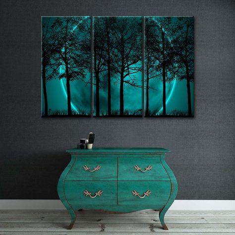 Turquoise Acrylic Painting, Three Paintings Canvas Ideas, Black And Turquoise Bedroom, Multi Canvas Painting Ideas, Teal Artwork, Multi Panel Paintings, Turquoise Wall Art, Wall Painting Art, Silhouette Wall Art