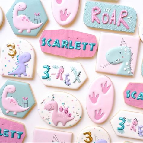 Pink Dinosaur Cookies Decorated, Two Rex Cookies, Dinosaur Cookies Girl, Girly Dinosaur Cookies, Three Rex Birthday Cookies, Dinosaur Cookies 3rd Birthday, 3 Rex Cookies, Three Rex Cookies, Dino Cookies