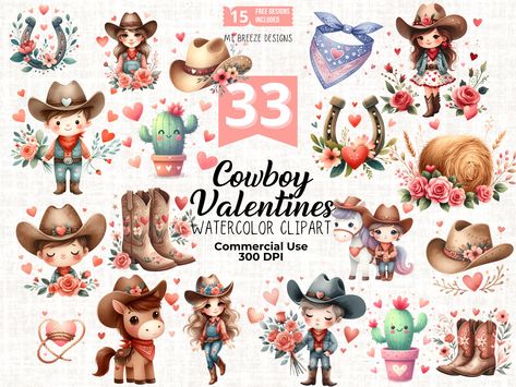 Cowgirl Valentine, Cowboy Valentines, Sublimation Stickers, Valentine Printables, Valentines Watercolor, Heart Clip Art, Pink Xmas, Valentine Theme, Holiday Clipart