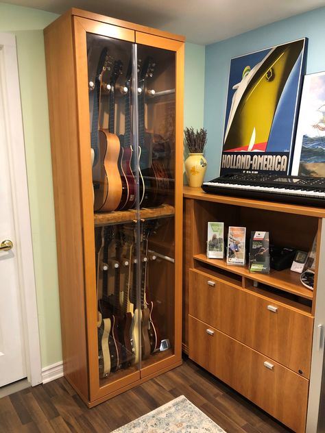 Storage For Musical Instruments, Storing Guitars At Home, Studio Guitar Room, Instrument Case Storage, Ikea Guitar Display, Instrument Storage Ideas Music Rooms, Guitar Practice Room, Ikea Guitar Storage, How To Store Guitars