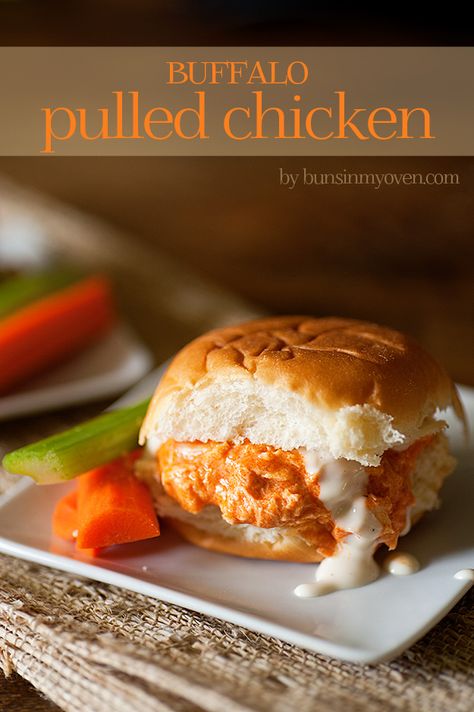 Buffalo Pulled Chicken Sandwiches #recipe - easy recipe for game day snacks or lunch! Buffalo Pulled Chicken, Buffalo Chicken Sandwich, Buns In My Oven, Pulled Chicken Sandwiches, Buffalo Chicken Sandwiches, Chicken Sandwich Recipes, Chicken Sandwiches, Pulled Chicken, Game Day Snacks