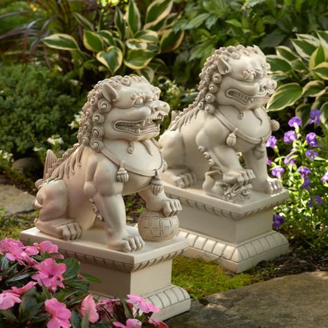 Foo Dog Garden Statues, white:DharmaCrafts meditation supplies Chinese Shrine, Dog Garden Statues, Chinese Sculpture, Foo Dog Statue, Chinese Artwork, Foo Dogs, Fu Dog, Buddhist Symbols, Turning Japanese