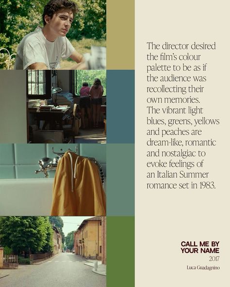 Colour theory in branding and summer films: Call Me by Your Name Colour Palette, Italian summer color inspo, film stills, psychology, brand strategy, CMBYN, timothee chalamet, peach, bright, nostalgic, dreamy, blue, green, nature, vintage, 1980s, european Cmbyn Color Palette, Film Colour Palette, Call Me By Your Name Color Palette, Bright Nature Color Palette, Summer Romance, Nature Color Palette, Your Name, Italian Summer, Color Inspo