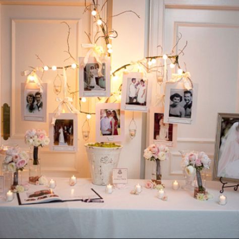 Guest book table - family tree with parents and grandparents wedding pictures - change them all to black and white 40th Anniversary Decorations, 50th Wedding Anniversary Decorations, 60th Anniversary Parties, 25th Wedding Anniversary Party, Wedding Guest Book Table, 25th Anniversary Party, 50th Wedding Anniversary Party, Wedding Anniversary Decorations, Anniversary Party Decorations