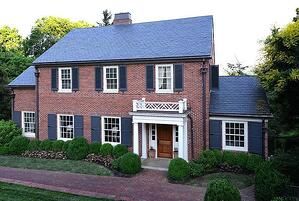 Brick House With Blue Shutters, Dark Red Brick House Exterior, Shutters Brick House, House Shutter Colors, Red Brick Homes, Exterior Shutter Colors, Brick Colonial House, Brown Brick Houses, Red Door House