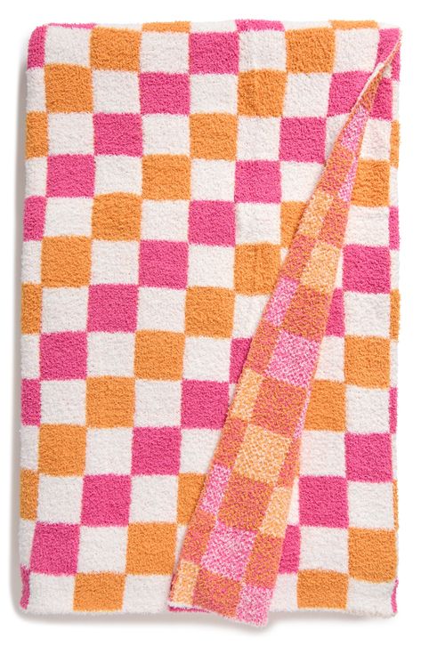 A colorful checkerboard pattern lends a groovy appearance to this soft plush throw blanket that'll make a chic and comfy addition to your couch. 100% polyester Machine wash, tumble dry Imported Orange Pink Bedroom Ideas, Preppy Pink And Orange Bedding, Orange And Pink Throw Blanket, Pink And Orange Comforter, Pink And Green Throw Blanket, Pink Orange Yellow Living Room, Room Decor Bedroom Colorful, Pink Orange Yellow Decor, Pink And Orange Blanket