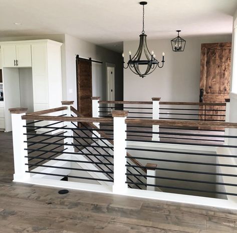 Staircase Makeover Modern Farmhouse, Front Railings House, Farmhouse Flooring Ideas Living Room, Banister To Basement, Modern Farmhouse Banister Railings, Rustic Modern Stair Railing, Farmhouse Stairway Railing Ideas, Upstairs Loft Railing Ideas, Industrial Farmhouse Stair Railing