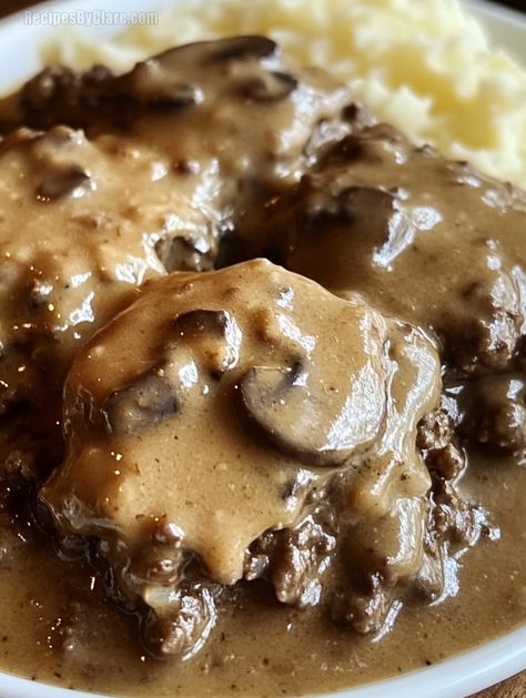 Amish Poor Man’s Steak Recipe - Easy Comfort Meal - Recipes By Clare Amish Steak And Gravy, Amish Poor Man's Steak, Poor Man Steak Recipes, Amish Poor Man’s Steak, Poor Man’s Steak, Poor Mans Steak Ground Beef, Old Fashioned Swiss Steak Recipe, Poor Man Steak, Creamy Mushroom Gravy