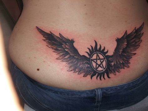 AntiPosession tatto with Wings Spiritual Wings Tattoo, Angel Wing And Halo Tattoo, Antipossesion Tattoo Supernatural, Tattoo With Wings, Tattoo Angel Wings, Angel Wings Supernatural, Supernatural Angel Wings Tattoo, Tattoo Angel, Supernatural Impala