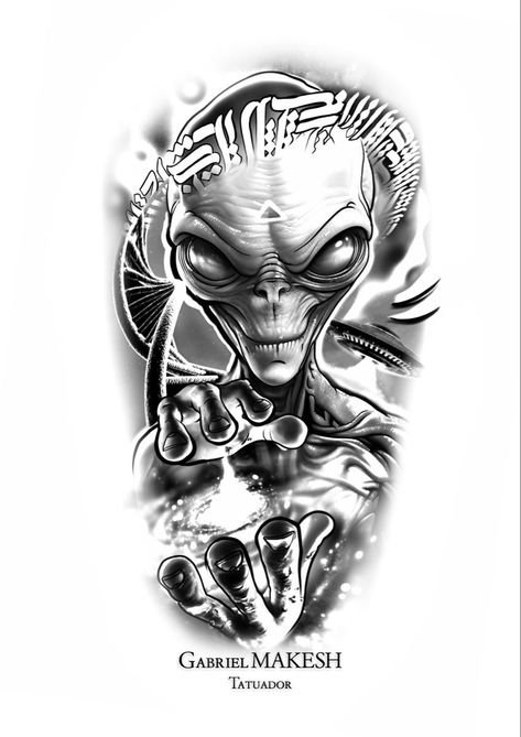 Black And Grey Tattoo Design Realistic, Alien Tattoo Design, Alien Tattoo Ideas, Black Cherry Tattoo, Chest Tattoo Drawings, Koi Tattoo Sleeve, Tattoo Black And Grey, Mangas Tattoo, Organic Tattoo