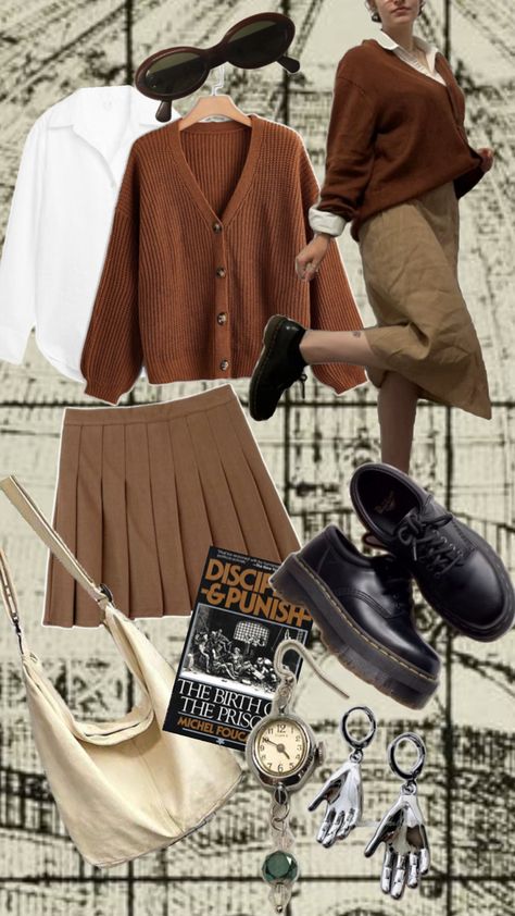 Brown outfit, brow skirt, brown cardigan, doc martens, tote bag, fall outfit Dark Brown Cardigan Outfit Fall, Dark Brown Cardigan Outfit, Brown Cardigan Outfit Fall, Cardigan Outfit Fall, Brown Cardigan Outfit, Dark Brown Cardigan, Dark Academia Fall, Skirt And Cardigan, Cardigan Fall Outfit