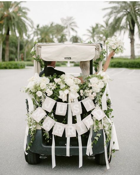 Wedding Golf Cart Decorating Ideas, Golf Cart Send Off Wedding, Just Married Golf Cart Decorations, Wedding On A Golf Course, Wedding Golf Cart Decorations, Golf Course Fall Wedding, Golf Course Ceremony, Summer Country Club Wedding, Wedding Golf Tournament