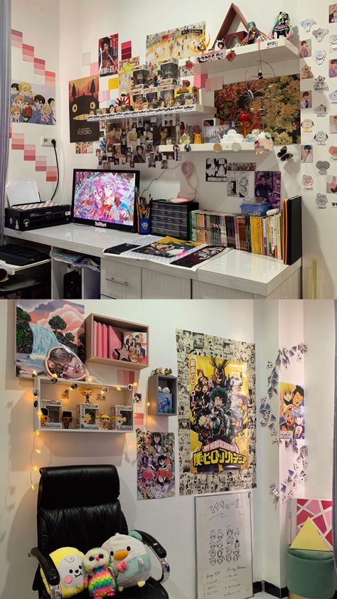 Anime Fan Room Ideas, K Pop And Anime Room Ideas, Anime Room Ideas Simple, Anime And Kpop Room Ideas, Anime Room Design, Nerd Room Aesthetic, Pop Display Ideas, Geek Room Ideas, Nerd Room Ideas