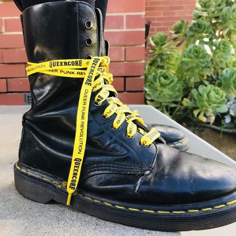 Queercore shoelaces queer punk revolution screenprinted LGBT | Etsy Punk Queer Aesthetic, Yellow Punk Outfits, Eco Punk Fashion, Queercore Punk, 70s Punk Aesthetic, Punk Moodboard, Eco Punk, Cripple Punk, 80’s Punk