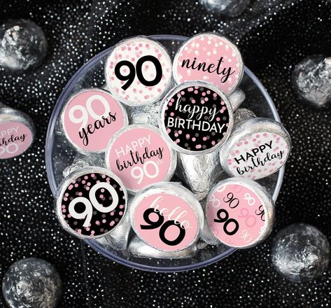 90th Birthday Party Favor Stickers - Pink and Black Chocolate Kiss Sticker Labels 180ct - Adult Birthday Decorations and Supplies for Women by Distinctivs on Etsy Modern Labels, 90th Birthday Party Favors, Pink And Black Birthday, 80th Birthday Party Favors, Adult Birthday Decorations, 90th Birthday Party, 60th Birthday Decorations, Kisses Candy, Milestone Birthday Party