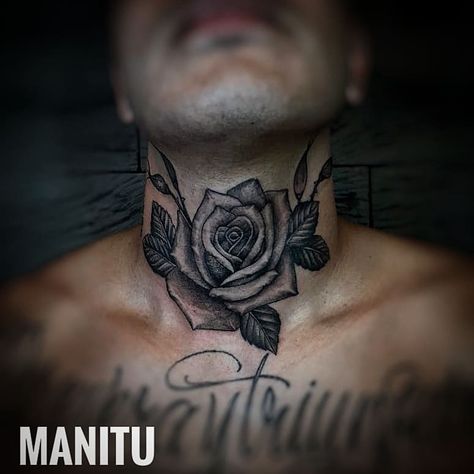 Rosita en @manitutattoo ... Rose Throat Tattoo Men, Rose Throat Tattoo, Rose Neck Tattoo Men, Front Neck Tattoos For Men, Front Neck Tattoo For Guys, Mens Neck Tattoos, Neck And Throat Tattoos Men, Rose Neck Tattoo, Front Neck Tattoo