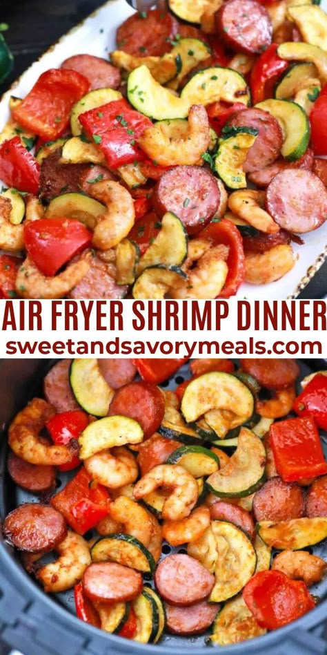 Air Fryer Shrimp Dinner is great for seafood lovers pairing extra-large shrimp with sausage, zucchini, peppers, and Cajun seasoning. Shrimp And Sausage In Air Fryer, Air Fryer Shrimp And Sausage Recipes, Shrimp Sausage Air Fryer, Air Fryer Shrimp Sausage And Veggies, Air Fryer Shrimp And Vegetables, Air Fryer Cajun Shrimp And Sausage, Air Fryer Shrimp And Sausage, Air Fryer Shrimp And Veggies, Keilbasa Shrimp Recipes