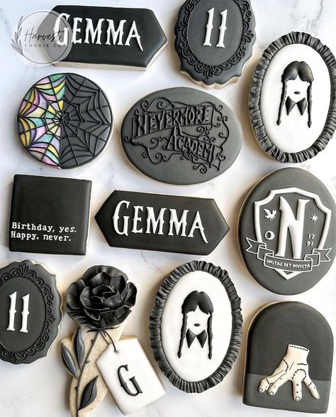 Custom Cookie Artist - Omaha/Ft.Calhoun (@harvestcookieco) • Instagram photos and videos Addams Family Cookies Decorated, Wednesday Addams Cakes Ideas, Wednesday Addams Decorated Cookies, Wednesday Adam’s Cookies, Wednesday Addams Dessert Table, Wednesday Adams Cookies, Wednesday Cookies Decorated, Tarot Cookies, Addams Family Cookies