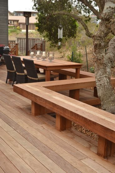 Deck Railing Bench Ideas, Deck Bench Railing, Deck With Bench Seating, Deck With Built In Bench, Cabin Deck Ideas, Deck With Bench, Outdoor Patio Floor, Deck Benches, Deck Bench Seating