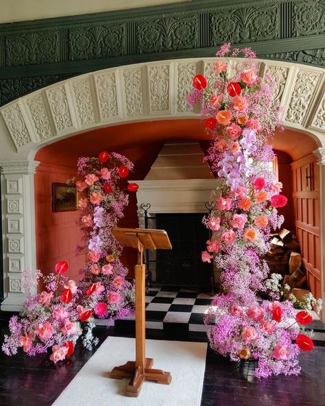 Pink Floral Arch, Pink Flower Installation, Pink Ceremony Arch, Disco Floral Installation, Wedding Walkway, Pink And Red Flower Installation, Company Anniversary, Hot Pink Floral, Barbie Inspired