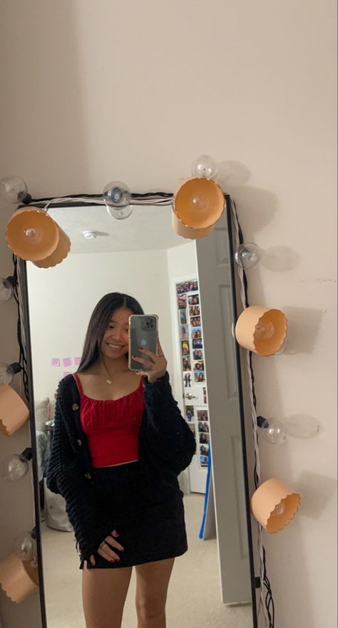 red top with black skirt #redshirt #skirtoutfit #ootd #casualoutfit #skirtfashion Red Shirt And Black Skirt, Red Shirt Black Skirt Outfits, Red Top Outfit, Black Skirt Outfit, Black Mini Skirt Outfit, Skz Concert, Black Skirt Outfits, Black Skort, Miniskirt Outfits