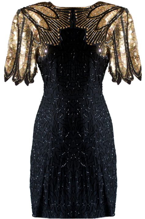 Winged Warrior Dress: Features amazing gold leaf shoulder accents comprised of thousands of miniature beads and sequins, large teardrop cutout to the backside, and top-to-bottom swirled tonal beading to finish. Winged Warrior, Warrior Dress, Gold Beaded Dress, Gold Dress Short, Beaded Dress Short, Cocktail Dress Short, Trendy Party Dresses, Dresses Gold, Sequin Dress Short