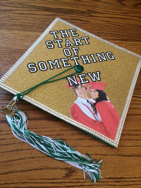 graduation cap ideas High School Musical Graduation Cap, Musical Graduation Cap, High School Musical Graduation, Taylor Mckessie, Grad Cap Ideas, Disney Graduation Cap, Creative Graduation Caps, Start Of Something New, Disney Graduation