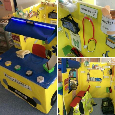 Ambulance role play Ambulance Dramatic Play, People Who Help Us Role Play, Emergency Services Eyfs Activities, Play Preschool, Reception Classroom, Role Play Areas, Eyfs Classroom, People Who Help Us, Dramatic Play Preschool