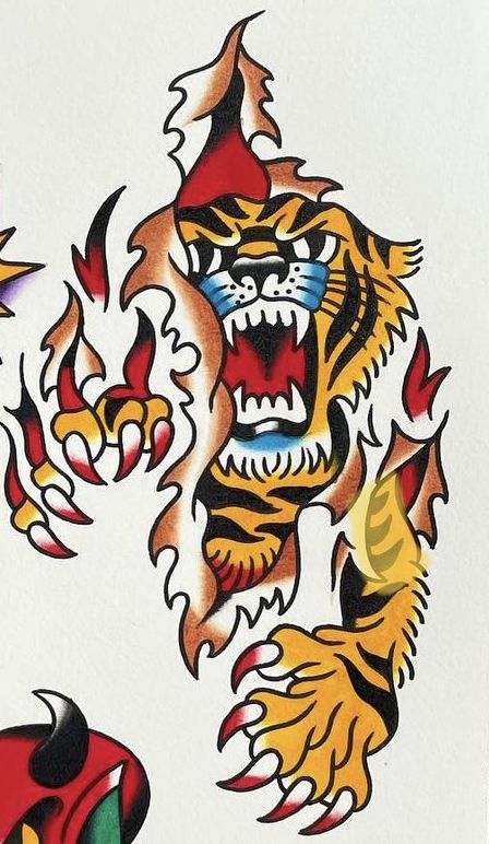 Traditional Tattoo Arm, Traditional Tiger Tattoo, Vintage Tattoos, Traditional Tattoo Flash Art, Vintage Tattoo Design, Optical Illusion Tattoo, Traditional Tattoo Sleeve, Meaningful Tattoo, Flash Tattoo Designs