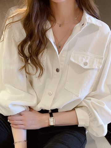 Street Preppy, Top Rosa, Pockets Design, Shirt Blouses Women's, Long Sleeve Denim Shirt, White Shirts Women, Long Sleeve Fashion, Oversized Long Sleeve, Oversized Blouse