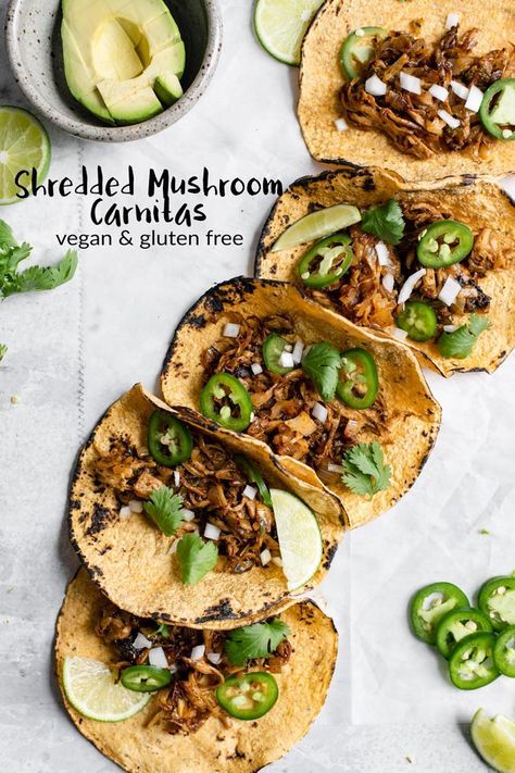 Enjoy these vegan carnitas, made from shredded king oyster mushrooms for an ultra flavorful, delicious, meaty, and easy recipe! They're perfect for stuffing into tacos, burritos, and more! #vegan #glutenfree #veganentree #vegantacos #tacos #mexican Mushroom Carnitas, Vegan Carnitas, Mushroom Recipes Vegan, Oyster Mushroom Recipe, Vegan Tacos Meat, King Oyster Mushrooms, King Oyster, Mushroom Dish, Tacos Burritos