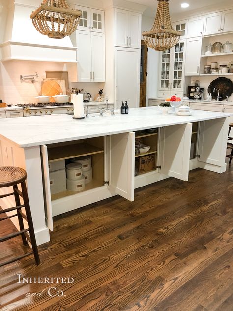 Kitchen Island Design Hack for the Hostess's Home | Inherited and Co. Cabinets Under Kitchen Island, Kitchen Island Storage Design, Elongated Kitchen Islands, Professional Kitchen Island, Kitchen Island With Shelves On End, Kitchen Island From Stock Cabinets, Kitchen Island Outlets Placement, Kitchen Island Storage Ideas Layout, Island Cabinet Design