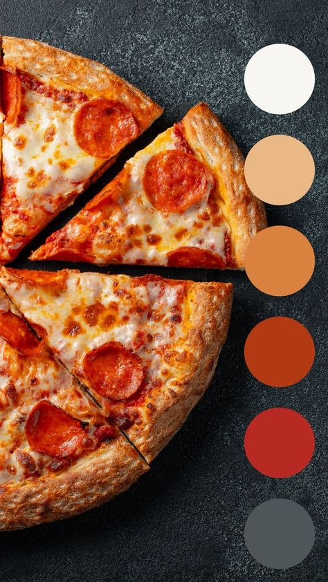 Color Palette Food Packaging Design, Pizza Colour Palette, Appetizing Color Palette, Pizza Restaurant Color Palette, Italian Restaurant Color Palette, Pizza Color Palette, Food Colour Palette, Food Color Palette, Food Colors Palette