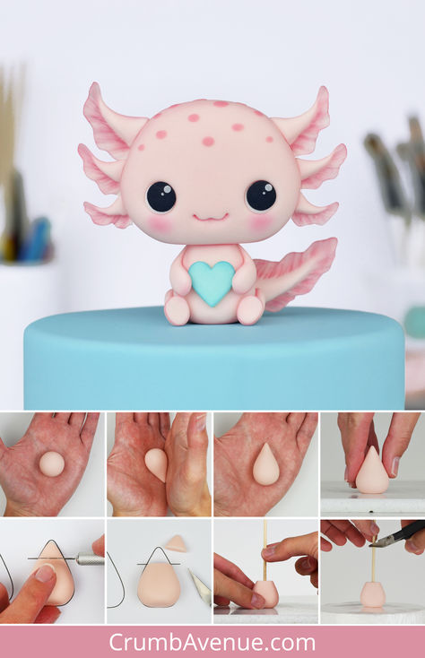 Fondant Axolotl, Axolotl Clay Art, Axolotl Cake Topper, Axolotl Cakes, Axolotl Cake Ideas, Axolotl Birthday Cake, Axolotl Crafts, Axolotl Craft, Diy Axolotl