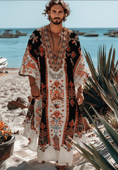 Bohemian Outfit Men Party, Gypsycore Outfits Men, White Boho Men Outfit, Gypsycore Fashion Men, Bohemian Outfit Men, Bohemian Attire, Gay Costume, Bohemian Men, Women Suits Wedding