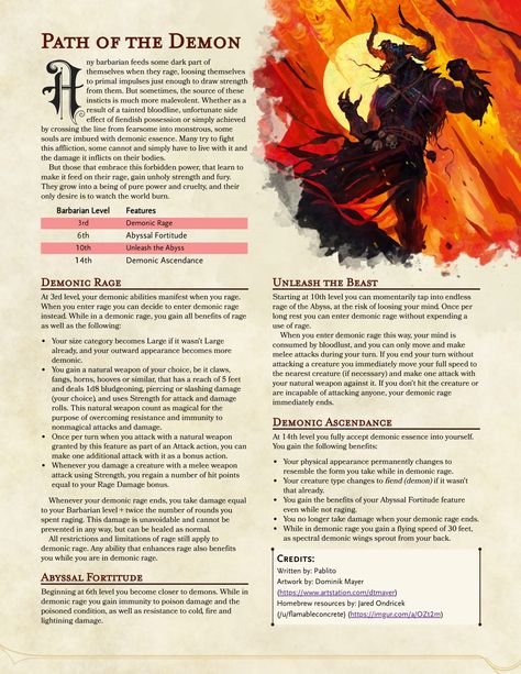 Demon Barbarian, Homebrew 5e, Dnd Feats, Dnd Barbarian, Dnd Subclasses, Homebrew Classes, Barbarian Dnd, Dnd 5, Character Classes