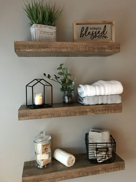 Bathroom Decor Between Mirrors, 3 Floating Shelves Arrangement Bathroom, Bathroom Shelves Decor Ideas, Bathroom Accessories Ideas Decor, Tv Room Decor, Dubai Villa, Bathroom Wood Shelves, Bathroom Shelf Decor, Restroom Decor