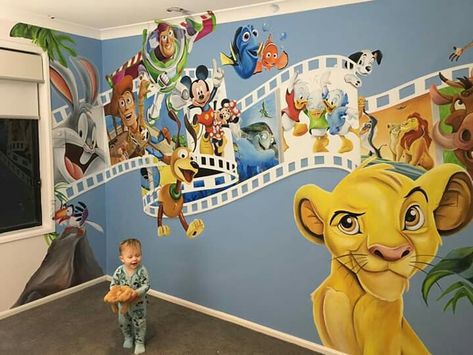 Nursery Ideas Cartoon, Cartoon Nursery Themes, Disney Wall Murals Diy, Nursery Ideas Disney Themed Rooms, Disney Theme Playroom, Disney Mural Bedroom, Disney Nursery Ideas, Baby Nursery Murals, Disney Playroom