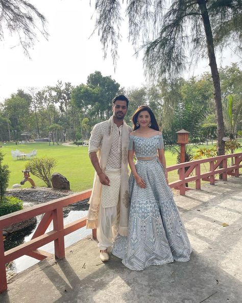 Check Out Phillauri Actress Mehreen Pirzada’s Engagement Pictures Couple Outfits Ideas, Mehreen Pirzada, Destination Wedding Cost, Summer Wedding Attire, Engagement Gowns, Beautiful Evening Gowns, Pink Tulle Skirt, Wedding Lehenga Designs, Blue Lehenga