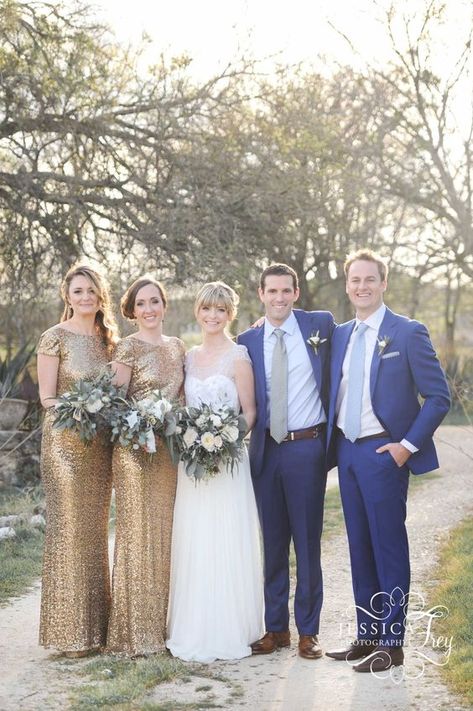 groomsmen wearing navy suits and light colored ties, bridesmaids wearing gold glitter maxi dresses Destination Bridesmaid Dresses, Wedding Venues Italy, Navy Blue And Gold Wedding, Wedding Photography Bridal Party, Hayley Paige Wedding Dress, Blue Gold Wedding, Olive Wedding, Wedding Ceremony Ideas, Wedding Party Shirts