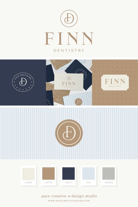 A timeless & sophisticated brand design for Finn Dentistry. A warm color palette accents the minimal but sophisticated branding. The design features a custom monogram made from the letters F and D and is the icon used throughout the branding. An illustrated brand pattern was created to add a playful element and used on business cards & more. Designed by Pace Creative Design Studio | dental logo, dentist branding, dentist logo design, dental branding, logo inspiration, brand design insp Dentist Logo Design, Healthcare Inspiration, Dentist Ideas, Dentistry Design, Dentist Branding, Sophisticated Branding, Dental Branding, Dentist Logo, Timeless Logo