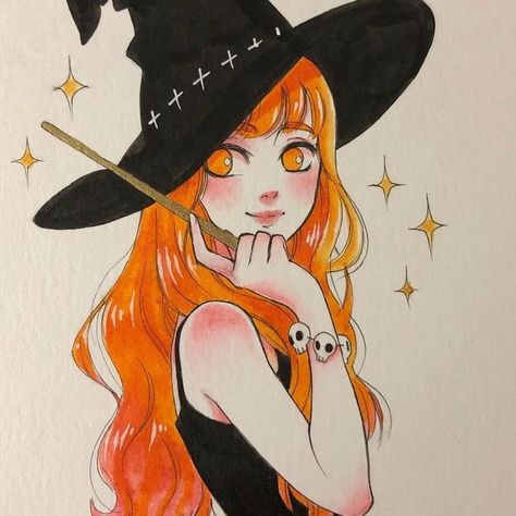 Witch Drawing, Witch Characters, Halloween Drawings, Witch Art, Art And Illustration, Art Challenge, Witch Hat, Cartoon Art Styles, Art Drawings Sketches