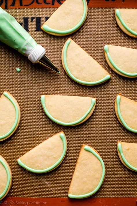 Watermelon Sugar Cookies | Sally's Baking Addiction Summer Cutout Cookies, Summer Decorated Sugar Cookies, Summer Decorated Cookies, Watermelon Sugar Cookies, Fruit Sugar Cookies, Summer Sugar Cookies, Watermelon Cookies, Buttery Sugar Cookies, Plain Cookies