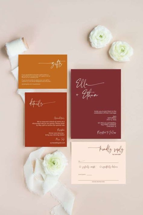 21 Beautiful Fall Wedding Invitations - LADY WEDDINGS Wedding Invite Autumn, Fall Rustic Wedding Invitations, Autumnal Wedding Invites, Autumn Wedding Stationery, Fall Wedding Signage, 2024 Wedding Invitations, Terracotta And Navy Wedding, Minimal Fall Wedding, Bright Fall Wedding