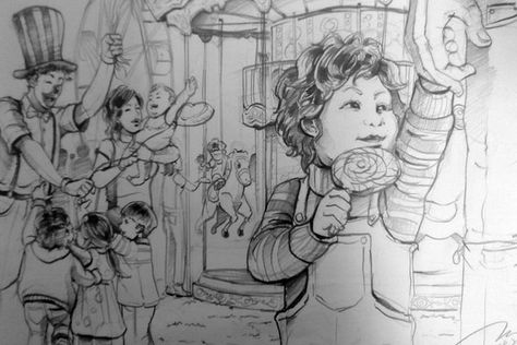 Fun Fair Scene Drawing by TCHS530 (print image) Fair Scene Drawing, Fair Drawings Sketch, Fair Paintings, Fun Fair Drawing, Composition Drawing Sketches, Memories Drawing Ideas, Fair Drawings, Composition Drawing, Beautiful Pencil Drawings