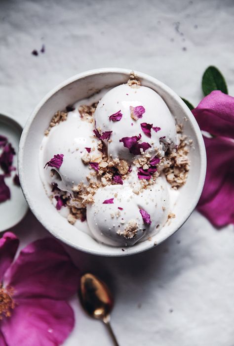 Vegan coconut + rose petal ice cream with cardamom crumble topping Rose Ice Cream, Call Me Cupcake, Vegan Ice Cream Recipe, Rose Flavored, Vegan Coconut, Healthy Ice Cream, Crumble Recipe, Vegan Ice Cream, Crumble Topping