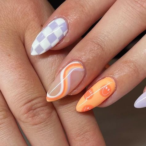 Emilee Crain on Instagram: "smiley guys, checkered, swirl, frenchies…. doesn’t get any cuter!🙂🧡 • • • #checkerednails #swirlnails #smileynails #frenchtipnails #nailinspo #nailsofinstagram #nailart #nails💅" Smiley Face And Checkered Nails, Wavy Checkered Nails, Orange Nails Checkered, Blue And Orange Checkered Nails, Bright Checkered Nails, Checkered Nails, Orange Nails, French Tip Nails, Smiley