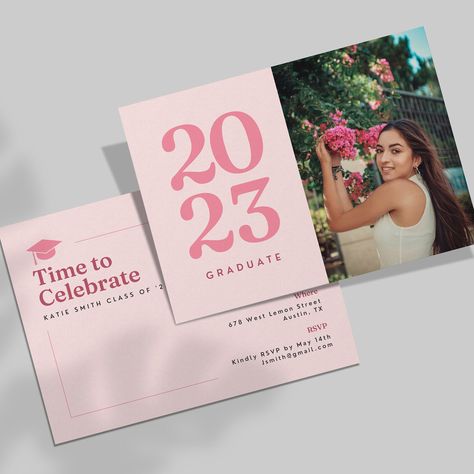 "Celebrate your graduation in style with our trendy graduation invitation! Our downloadable and editable template is perfect for high school and college graduates, those hosting a graduation party, or anyone wanting to honor and celebrate a graduate. Our invitation features a modern and trendy design, with bright pink and colorful elements that will get everyone excited for your celebration. Our Graduation Invitation is fully customizable and can be easily personalized to suit your style and nee Pink Grad Invitations, Pink Graduation Invitations, Grad Party Cards, Pink Theme Graduation Party, Grad Announcements High School, Graduation Invitations Ideas, Grad Invite Ideas, Grad Party Pink, Grad Card Ideas