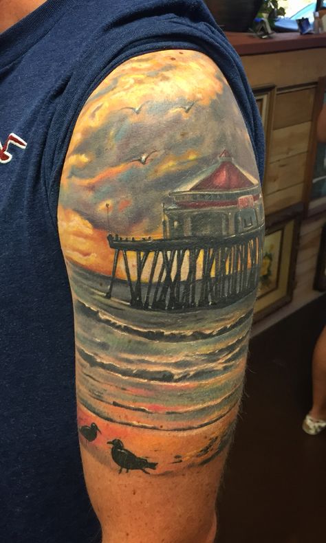 HB Huntington Beach pier tattoo Chris Burnett Evangel Ink Tattoo Hesperia Pier Tattoo, Huntington Beach Pier, Studio Tattoo, Beach Tattoo, Beach Pier, Lotus Tattoo, Tattoo Parlors, Tattoos Gallery, Beauty Tattoos